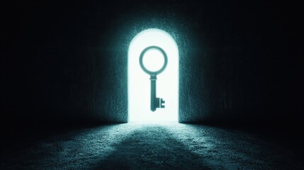 Mysterious Key Shining Through an Arched Doorway in a Dark Room Representing Hope and New Beginnings
