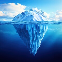 Majestic iceberg partially submerged in ocean,  blue sky background; concept illustration