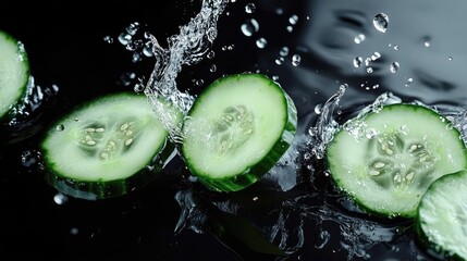 Cucumber Slices in Water Splash Action Shot