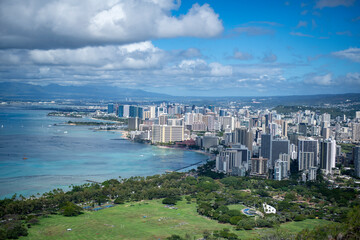 View of downtown Honolulu Hawaii and Waikiki beach from Diamond Head