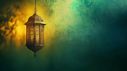 Middle Eastern style hanging golden lantern, surrounded by emerald green and golden yellow gradient, Ai generated images