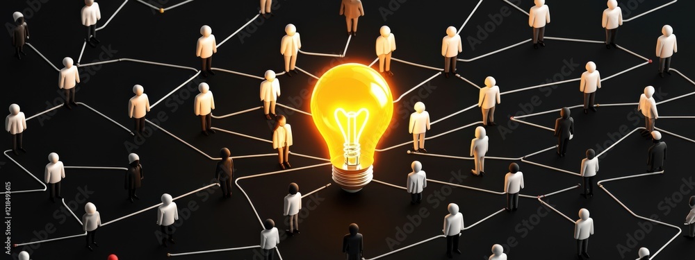 Poster illuminated idea surrounded by figures in a network displaying connections and innovation concept