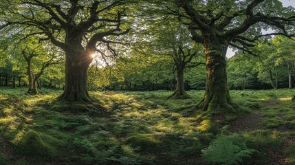 Sunlit forest panorama, mossy trees, fern groundcover, peaceful nature scene, idyllic background