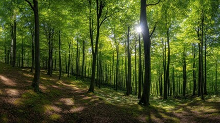 Naklejka premium Sunlit Beech Forest Path, Spring Sunlight, Green Canopy, Nature Wallpaper