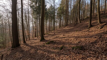 Obraz premium Sunlit hillside forest path, leaf-covered ground, winter trees, distant valley view, nature background