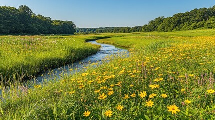 Naklejka premium Summer stream flows through vibrant wildflowers, lush green meadow, sunny day, nature scene