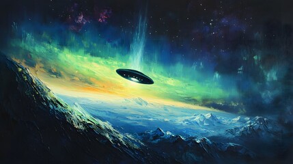 Fototapeta premium a flying saucer over a mountain range with the northern lights