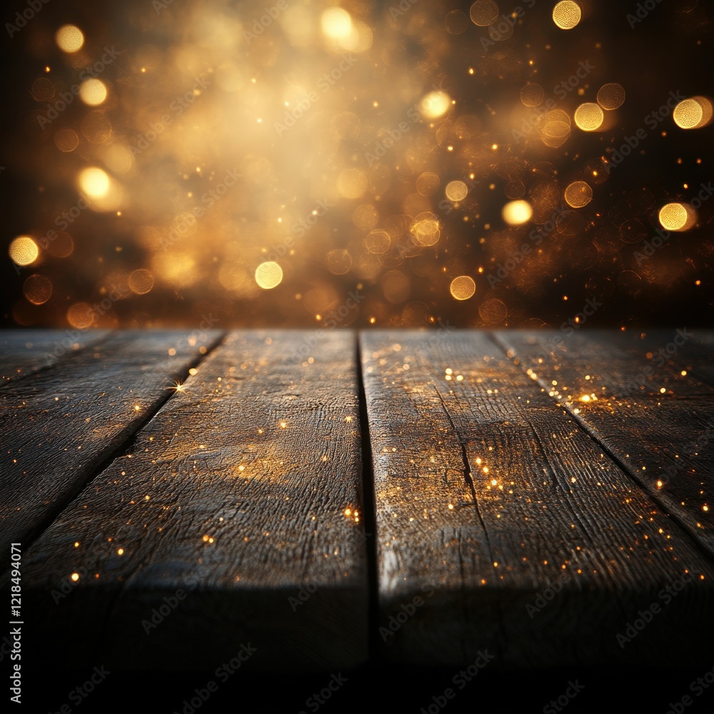 Poster golden dust particles floating above rustic wooden surface with soft bokeh background creating a war