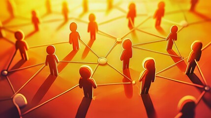 Abstract network of people links communities in illustration. Unity and social bonds strengthen through collaboration. Digital web in glowing orange hues, perfect for teamwork and communication