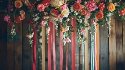A DIY wedding backdrop made of hanging paper flowers and ribbons, adding charm to a rustic ceremony