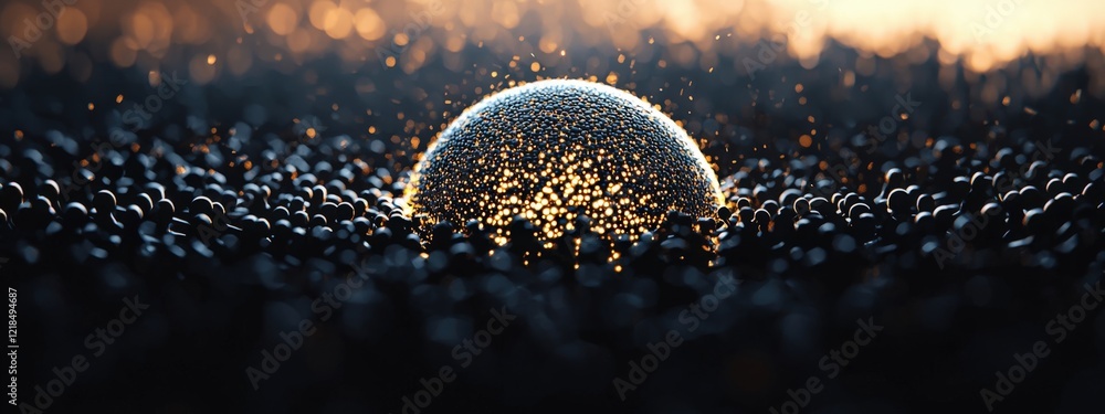 Poster enigmatic sphere surrounded by glimmering particles in soft focus with warm light background