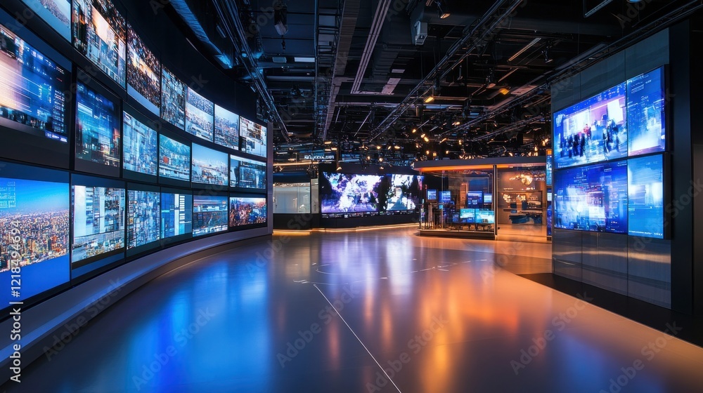 Poster futuristic control room with curved screens displaying global news and data.