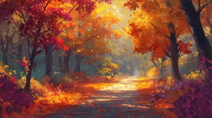 Sunlit autumn path through vibrant forest.