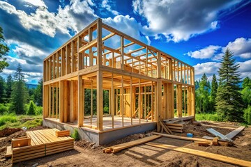 Modern wood-frame house rising, a building process underway.