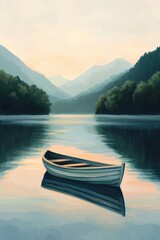 Obraz premium Serene Mountain Lake With Rowboat At Sunrise