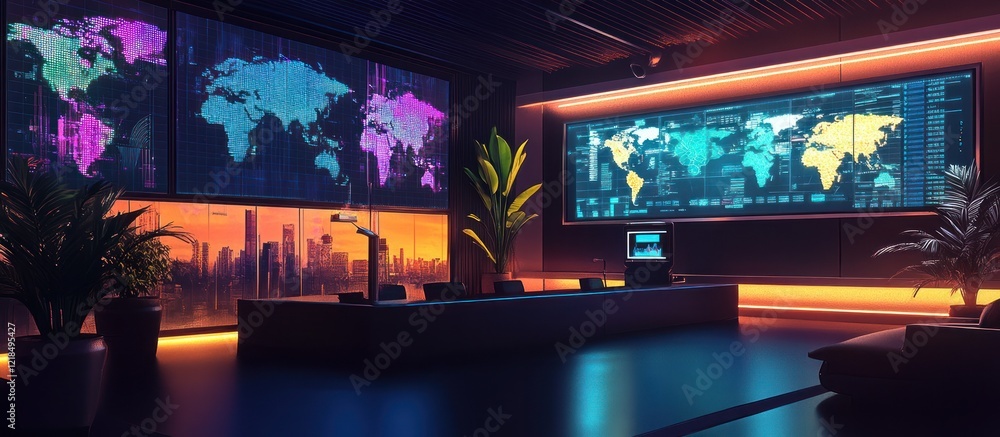 Poster futuristic control room with world map displays, showcasing data analysis and global monitoring.