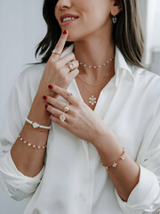 A woman with her finger on her lips, wearing elegant jewelry and a glamorous dress, showcasing beauty, sensuality, and elegance