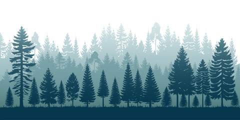 Fototapeta premium Silhouette of a Forest With Layered Trees in Soft Hues. Various Types of Trees, Tall Firs and others