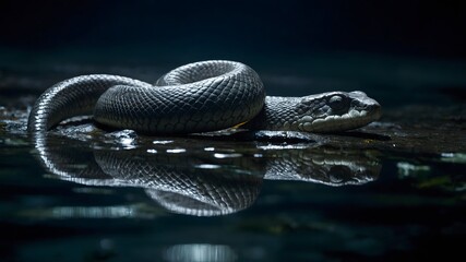 Indian Krait Crawling on Damp Ground Post Rain with Sparkling Droplets on Scales and Plants