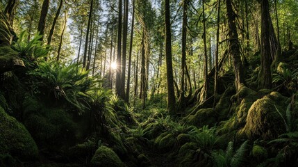 Fototapeta premium Sunlit Forest Trail, Mossy Rocks, Pacific Northwest, Nature Background, Eco Tourism