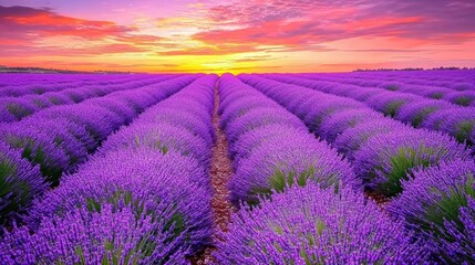 Fototapeta premium Sunrise over vibrant lavender field, Provence, France; idyllic postcard scene