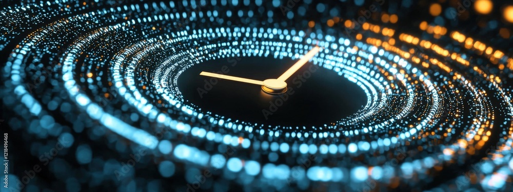 Poster abstract clock design with glowing particles and a swirling light effect representing time and techn