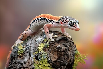 Obraz premium Leopard gecko climbing on tree stump natural habitat wildlife photography close-up view
