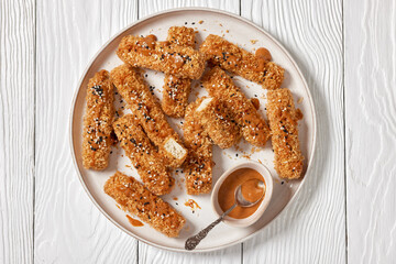 panko breaded tofu sticks with peanut butter sauce