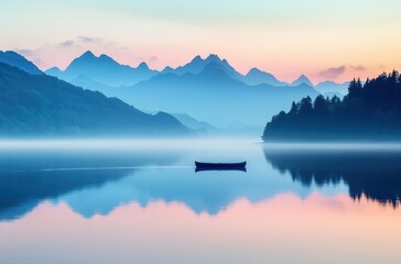 Serene Sunrise over Misty Lake with Mountains and a Small Boat