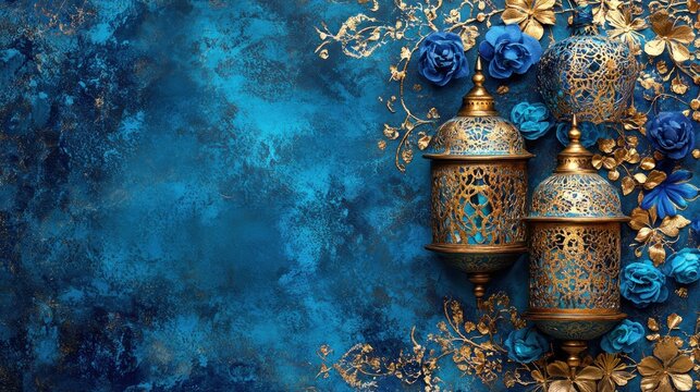 Blue Moroccan lanterns, roses, gold leaf, textured background, festive decor