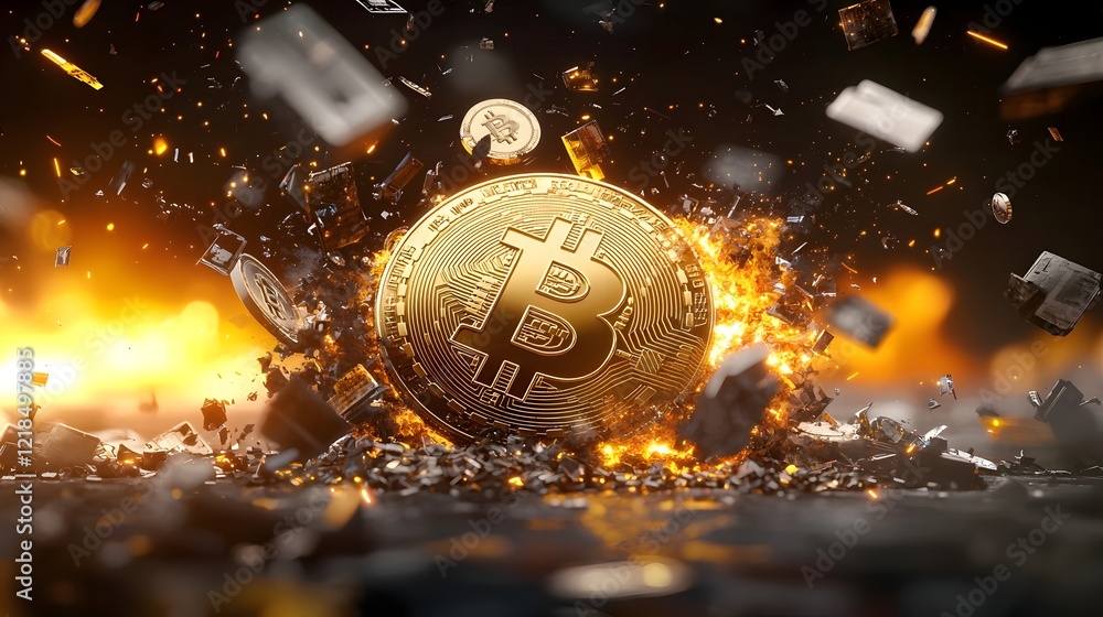 Poster crashing bitcoin coin surrounded by alarming financial symbols and falling graph signifying chaotic 
