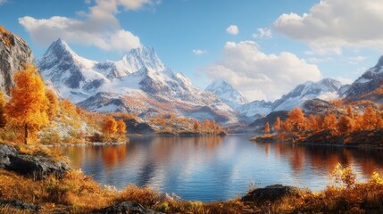 Naklejka premium Autumnal lake reflecting snowy mountains; scenic landscape for travel brochures