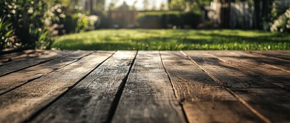 Fototapeta premium Wooden deck glistening under bright sunlight with green grass in serene outdoor garden setting