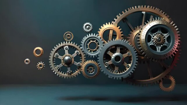 A close up of many gears. The gears are of different sizes and colors. The gears are arranged in a way that they appear to be spinning