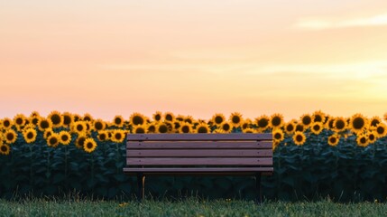 Obraz premium Serene Sunset over a Sunflower Field with Wooden Bench