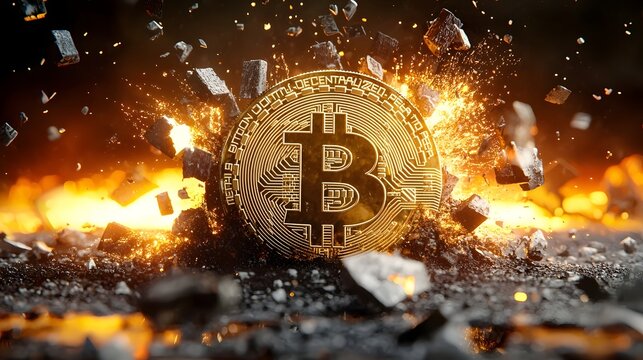 Dramatic visualization of cryptocurrency downfall with a sinking golden Bitcoin surrounded by bearish financial trends