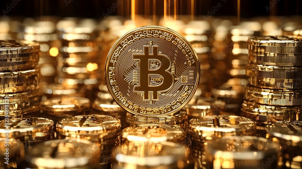 Poster neatly stacked bitcoin coins with a reflective golden surface representing the growth innovation and