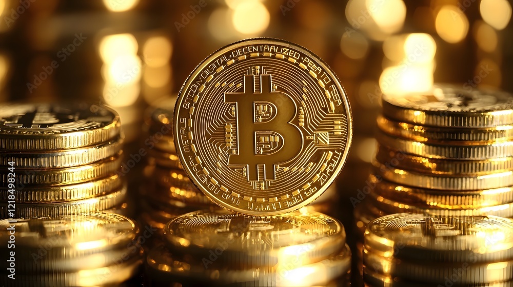 Fototapete neatly stacked bitcoin coins with a reflective golden surface representing the growth and investment