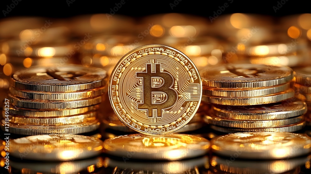 Aufkleber neatly stacked golden bitcoin coins with a reflective surface symbolizing the financial growth wealt