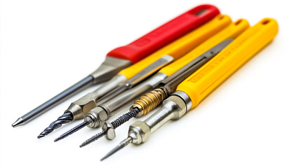 Screwdriver set with a yellow handle and red top, The set includes various tools.