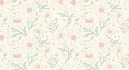 Fototapeta premium A repeating floral design with delicate daisies and small green leaves in soft pastel tones