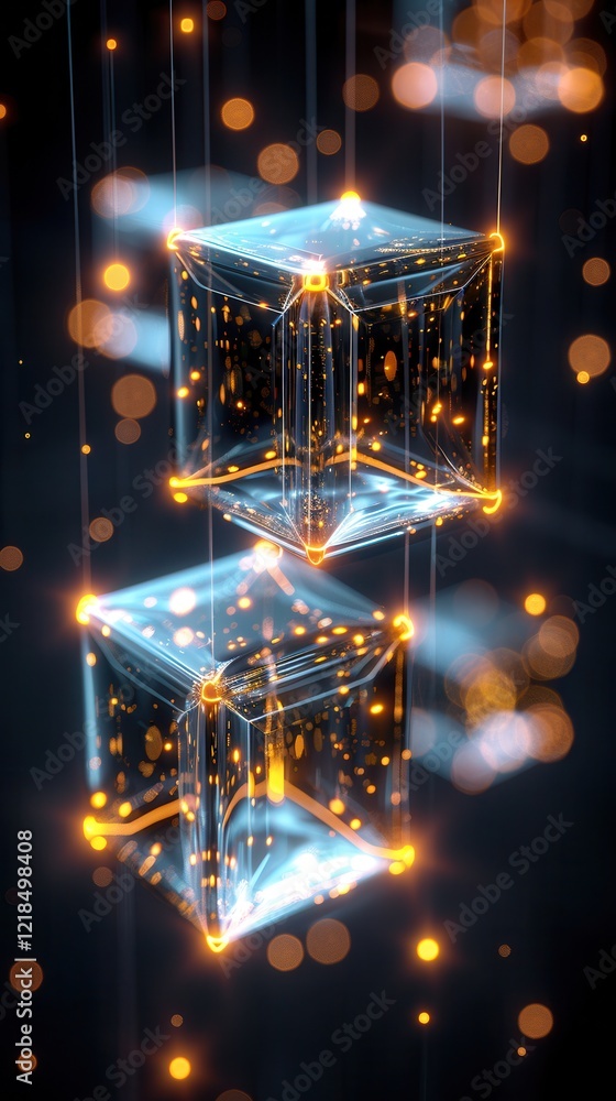 Poster luminous cubes in dark space: futuristic abstract 3d render