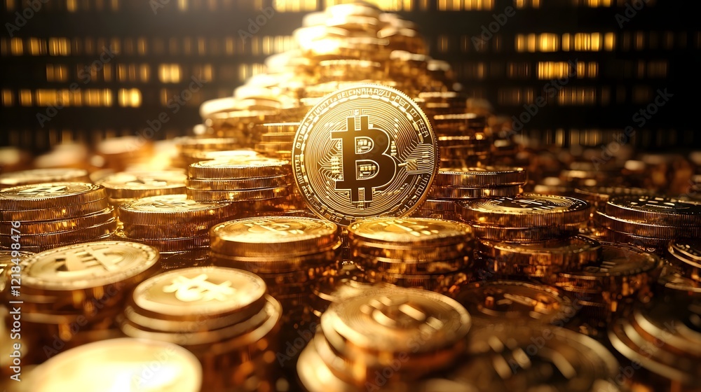 Poster pyramid of shimmering gold bitcoin coins stacked against a futuristic digital backdrop symbolizing t