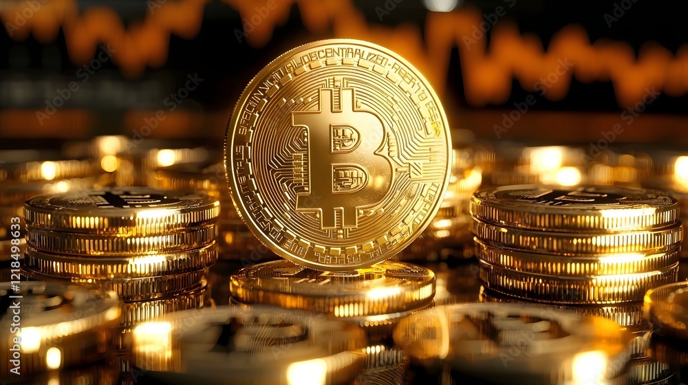 Poster Glowing Bitcoin Stacks with Global Financial Market Elements Representing Investment in Cryptocurrency and Economic Growth  Background of Digital Currency Blockchain Technology