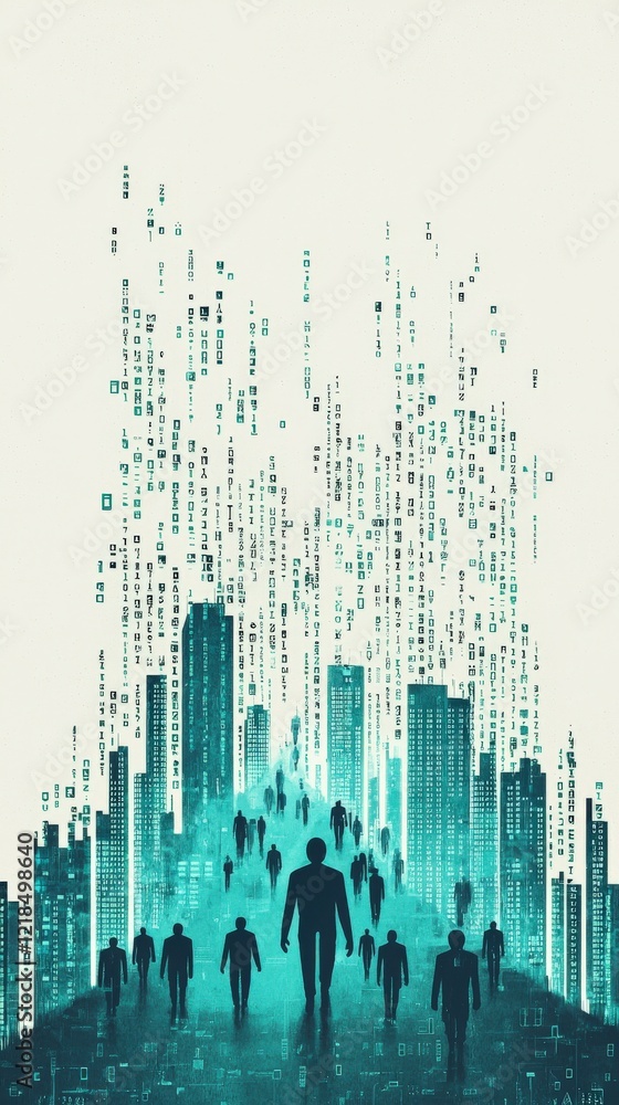 Poster digital transformation concept with figures and cityscape representing technology and data flow