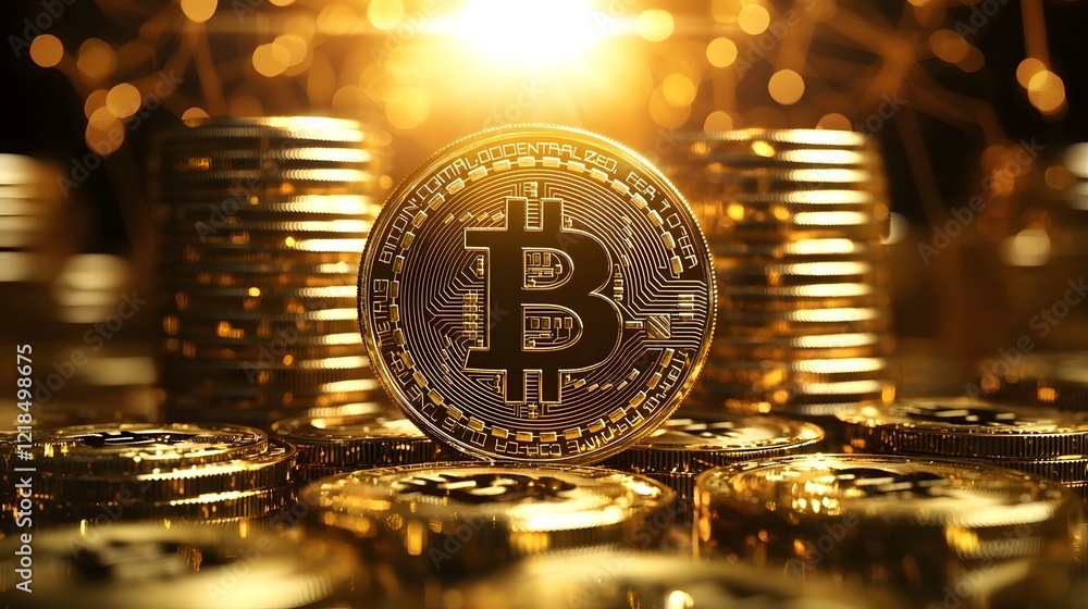 Fototapete stacked bitcoin coins with metallic shine and abstract blockchain connections symbolizing decentrali
