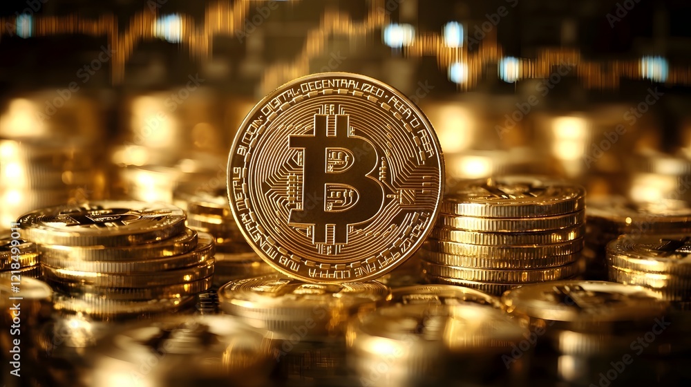 Poster towering stack of shiny golden bitcoin coins set against a high tech digital background showcasing t