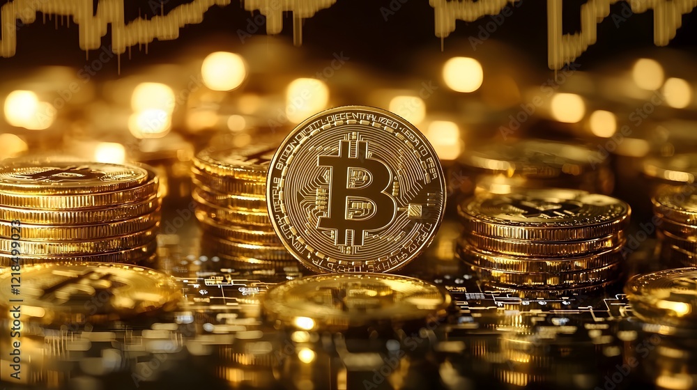 Poster elegant stacks of bitcoin cryptocurrency coins with soft lighting and a global financial chart overl