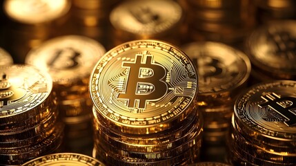 Elegant stacks of Bitcoin cryptocurrency coins with soft lighting and a global financial chart overlay