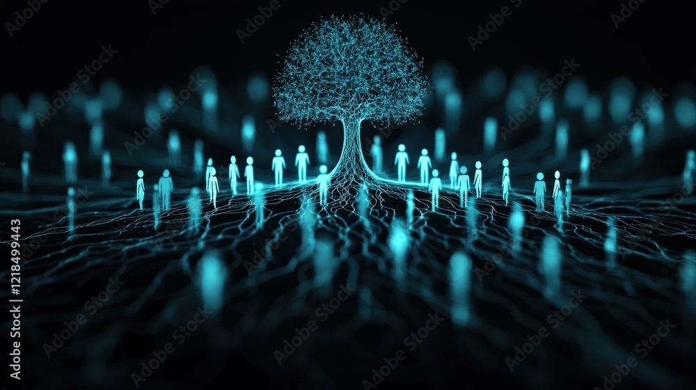 Poster digital representation of a tree with interconnected figures symbolizing growth, community, and netw